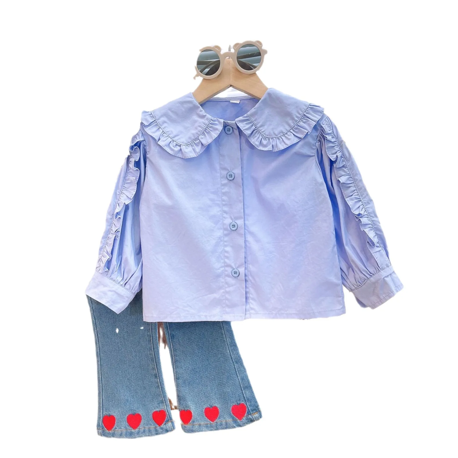 Spring New Girls\' Clothing Set Autumn Folded Edge Flip Collar Long sleeved Cute Shirt+Love Embroidered Jeans Fashion Kids Outfit