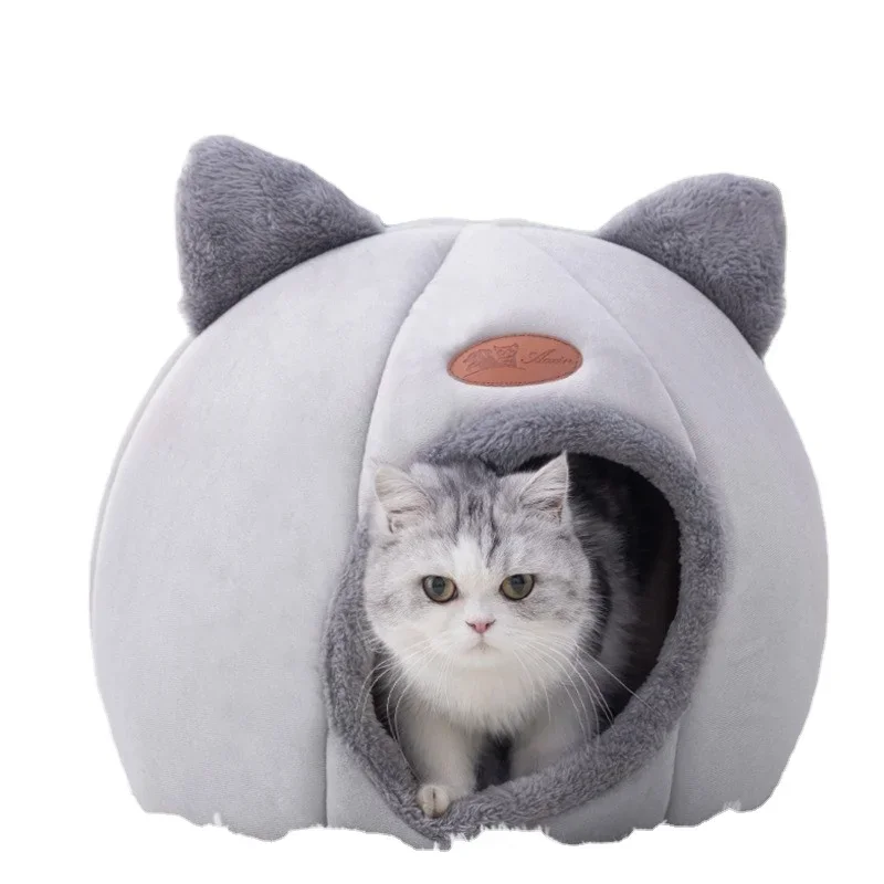 Small Cat Dog Bed Winter Semi-Enclosed Warm Fleece Pet Bed Cross-Border Pet Supplies Wholesale Cute Animal Plush Leather