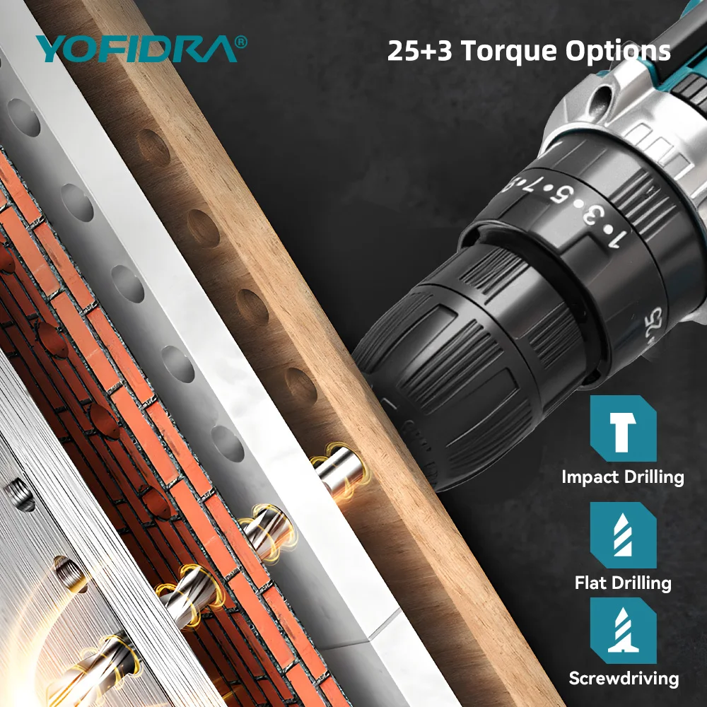 YOFIDRA 60N.M 25 + 3 عزم الدوران الكهربائية تأثير الحفر مفك البراغي اللاسلكي الحفر يده أداة السلطة ل ماكيتا 18 فولت-21 فولت بطارية دبوس #5