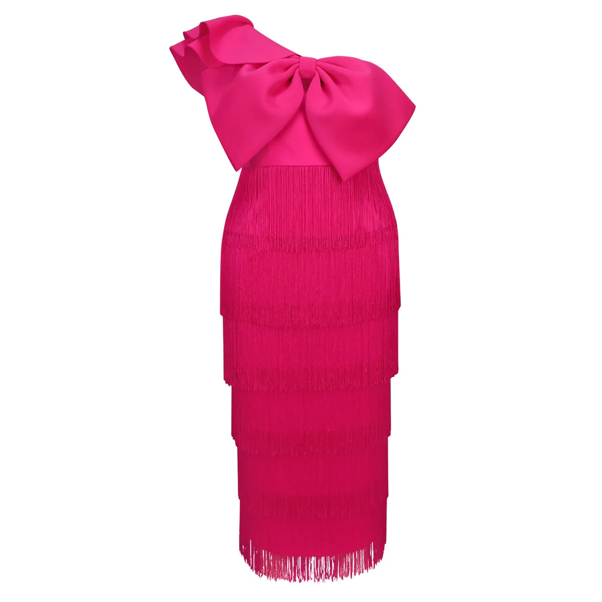 Am041017 Elegante tinta unita aderente con frange abito da festa banchetto collo asimmetrico abito con fiocco grande abito Vestido donna elegante