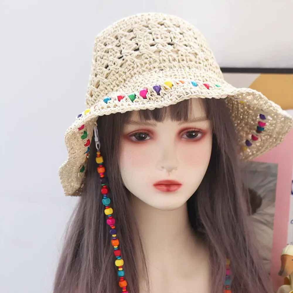 

Ins Pastoral Style Women Straw Hat Spring Summer Beach Big Brim Sun Hat Colored Beads Travel UV Protection Cap Female