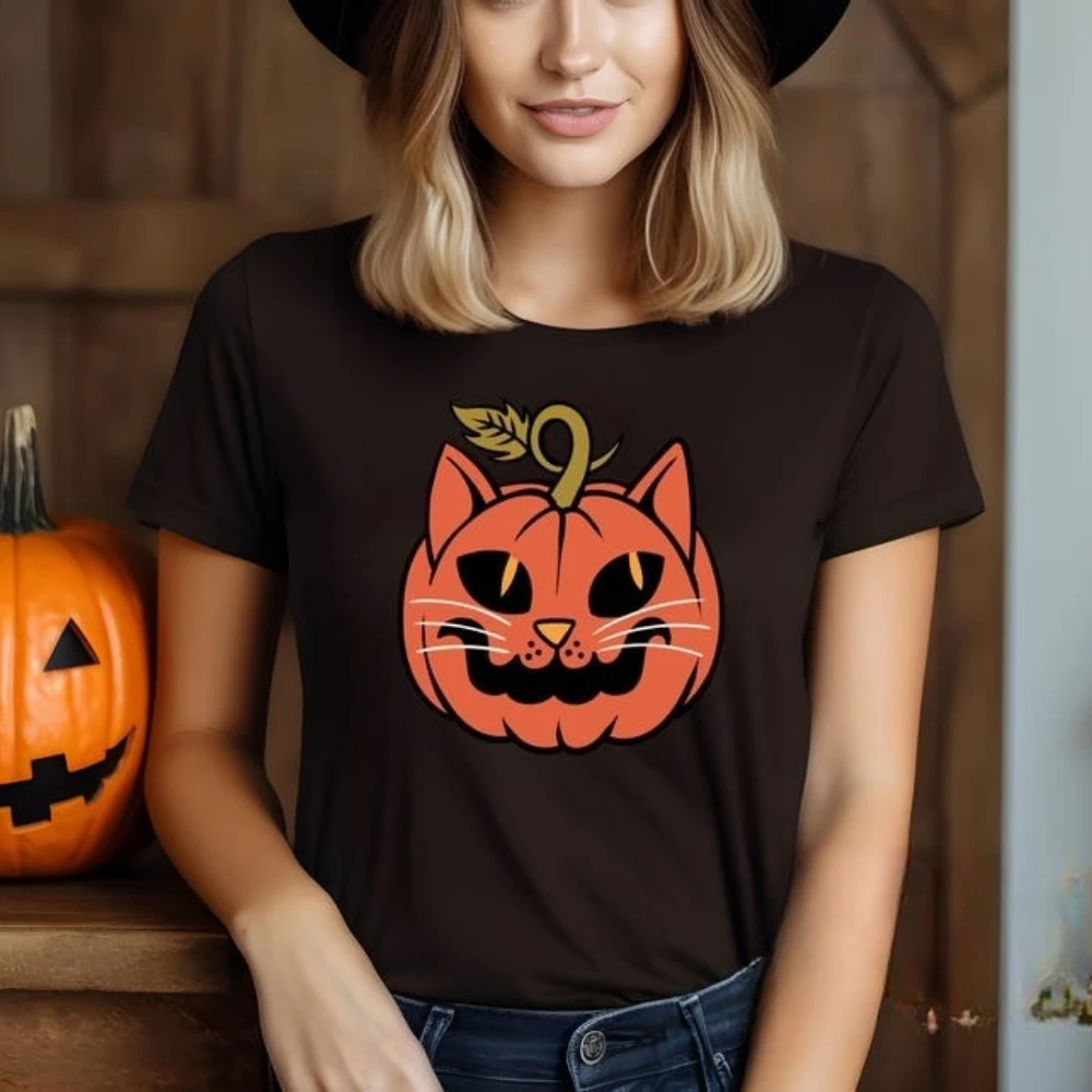 

Minimalist Halloween Shirt Pumpkin Cat Face Gift Shirt Retro Halloween Cat Pumpkin T-Shirt Funny Halloween Women Casual Tops