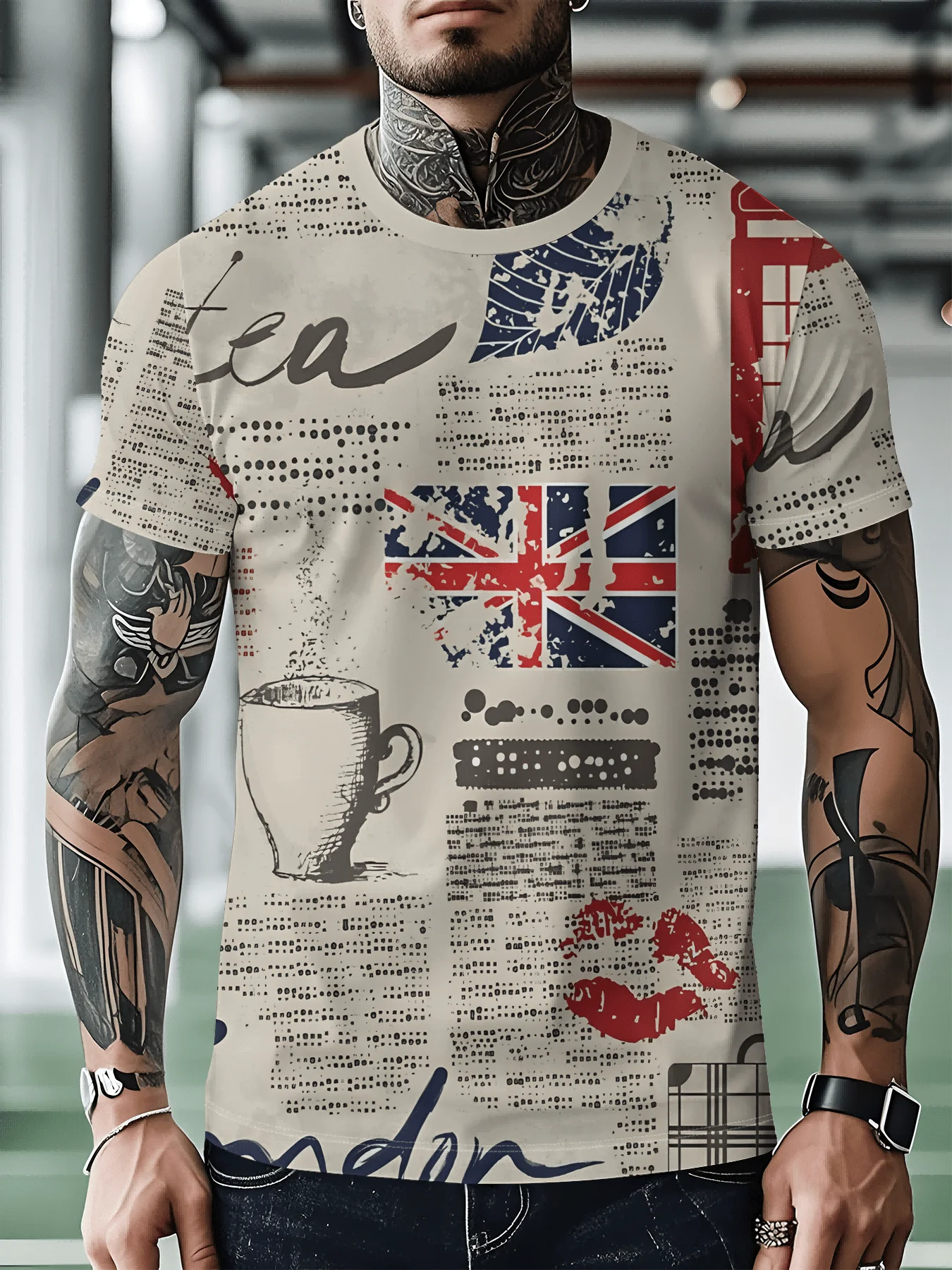 Men Vintage Newspaper Tea Cup UK Flag Print Crew Neck T-shirt Summer Short Sleeve Casual Streetwear Top
