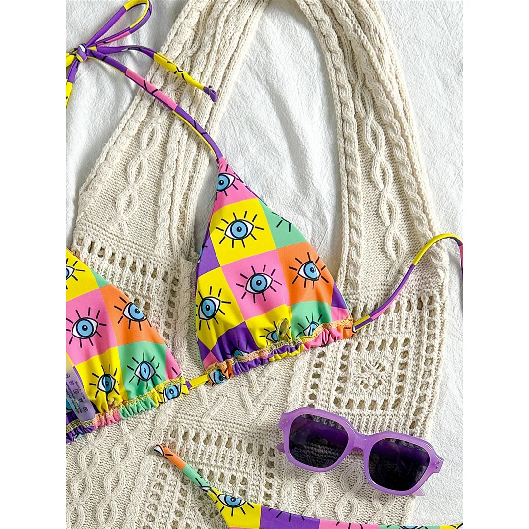 Buntes, bedrucktes Halter-Bikini-Set für Damen, zweiteiliger Badeanzug mit hohem Beinausschnitt, Badebekleidung, Badeanzug, Modell V7230. – Detail 14