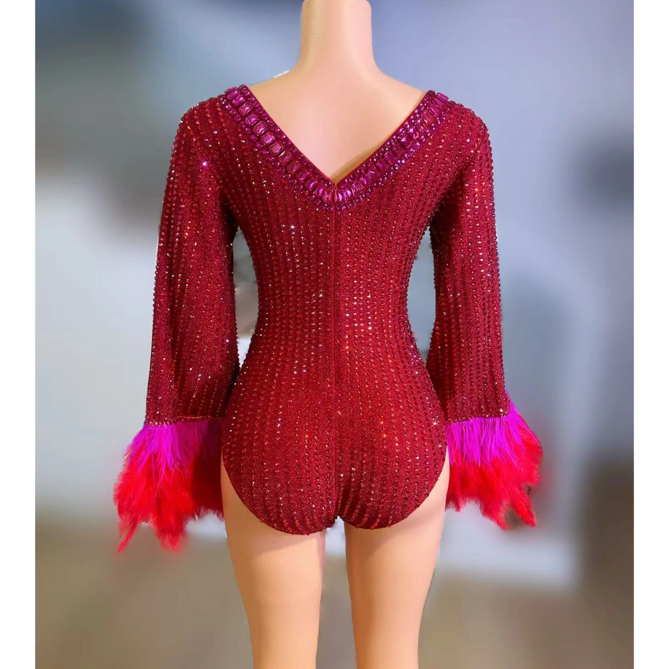 الفاخرة الأحمر الراين انقطاع ريشة الأكمام ارتداءها للنساء المغني راقصة مثير أداء المرحلة ارتداء بار الحفلة زي #6