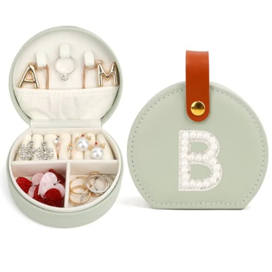 Mini Travel Jewelry Box with Initial B Birthday Gifts Mothers Day Small Jewelry Travel Case for Women Girls Teens Olive Green B