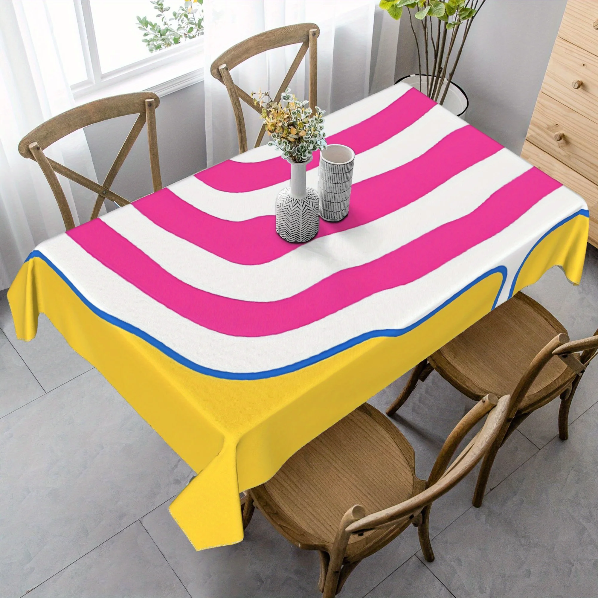 One vintage pop atomic tablecloth - a yellow, blue and pink three-color vintage washable tablecloth