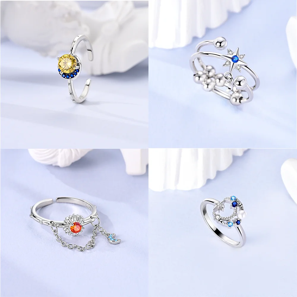 925 Sterling Silver Zircon Split Ring Star Moon Series Stars Moons Sun Rings for Women Party Anniversary Jewelry Birthday Gifts