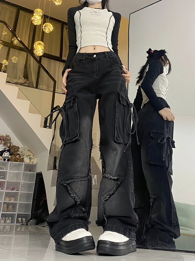 QWEEK Y2K Vintage Cargo Baggy Jeans Women Streetwear Star Patch Pockets Gothic Wide Leg Jeans Punk Harajuku Denim Trousers 2000s