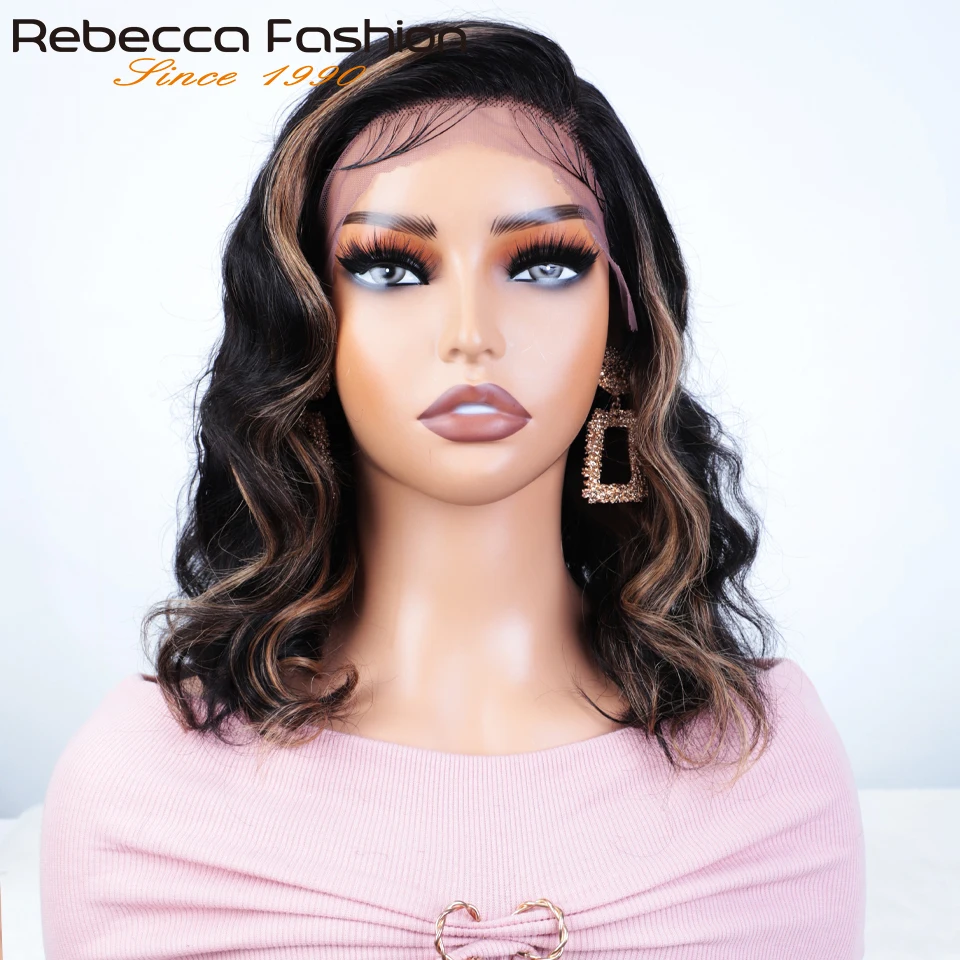 Glueless Brown Highlight Short balayage Human Hair Bob Wig With Partial Part Blonde Skunk Stripe Bob Lace Wigs Neck Length Wig