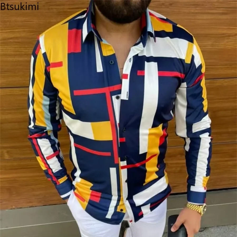 Camisas masculinas estampadas estilo britânico, manga comprida, camisa casual justa, moda streetwear, roupas de festa social, moda primavera, 2024