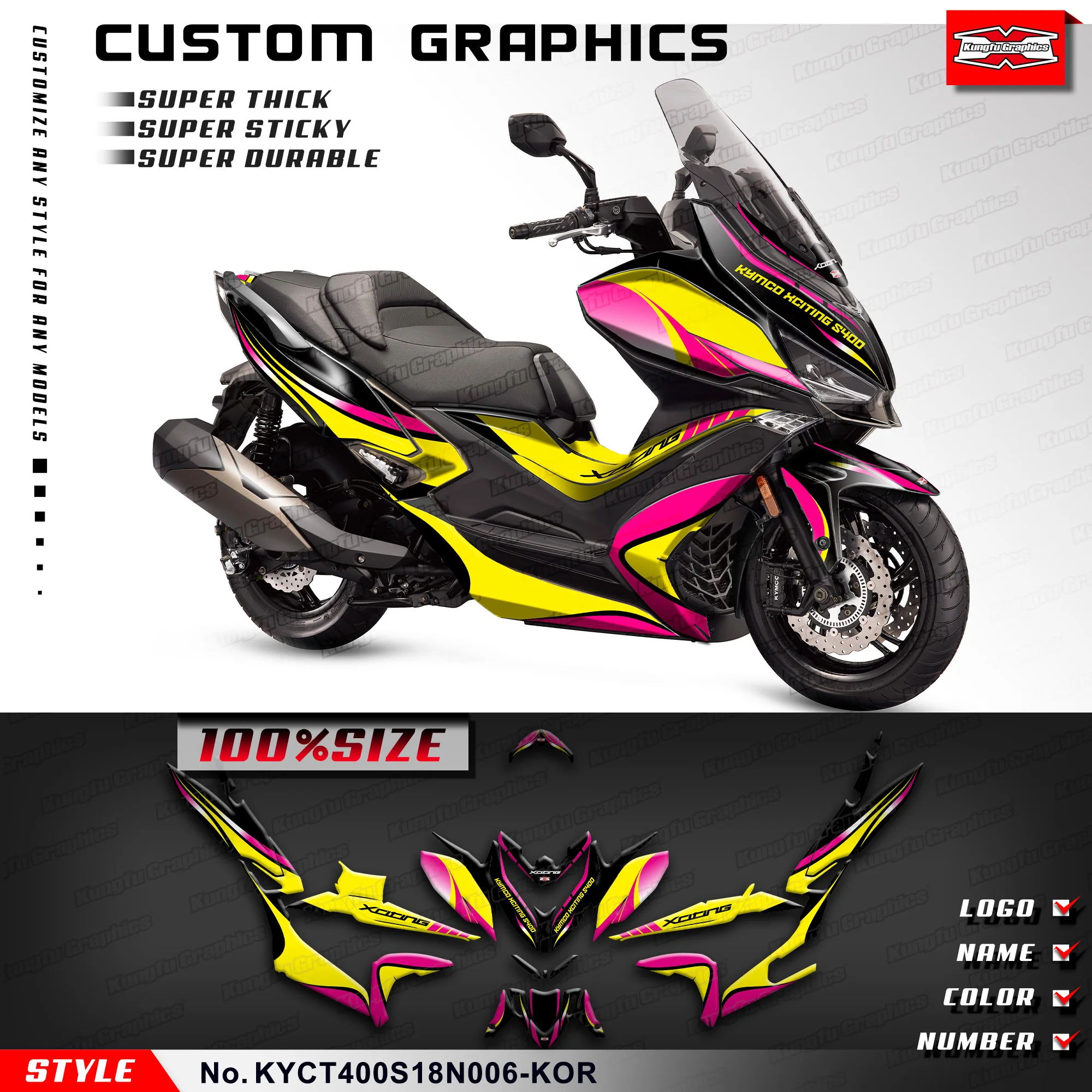 KUNGFU GRAPHICS Motorcycle Graphics Sticker Sheet Kit for KYMCO XCITING S 400 2018 2019 2020, KYCT400S18N006-KOR