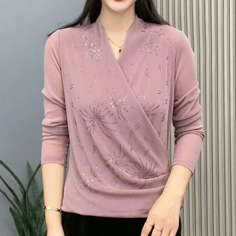 Autumn New Women's High-end Cross-neck Simple Base Shirt Fashionable Diamond Long-sleeved T-shirt Versatile Top