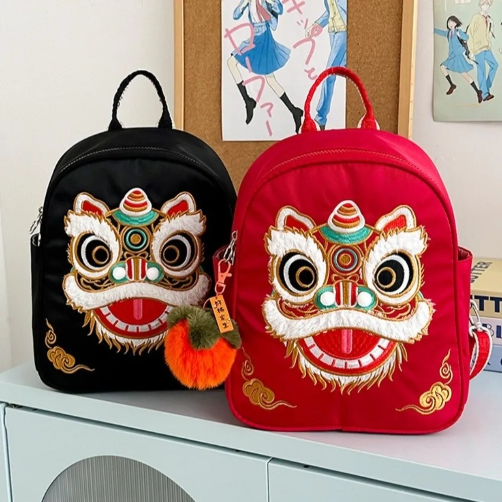 Vintage Lion Doll Backpack Chinese Style Large Capacity School Bag Lion Dance Pattern Under 20L Student Backpack