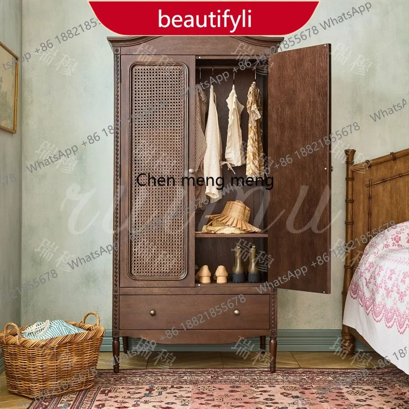 

X188 French retro rattan solid wood wardrobe American country double door storage wardrobe locker