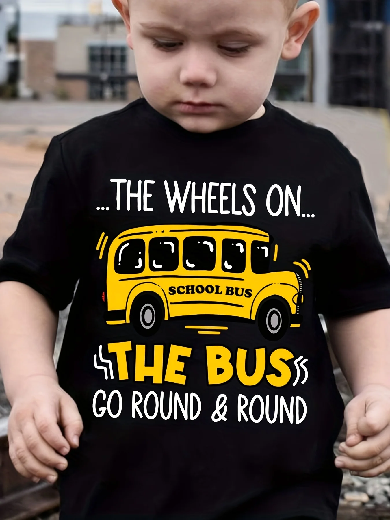 Summer Children's Tshirt with Cartoon Printed Casual Top Featuring Spinning Wheels on The Bus Parent-child Outfit