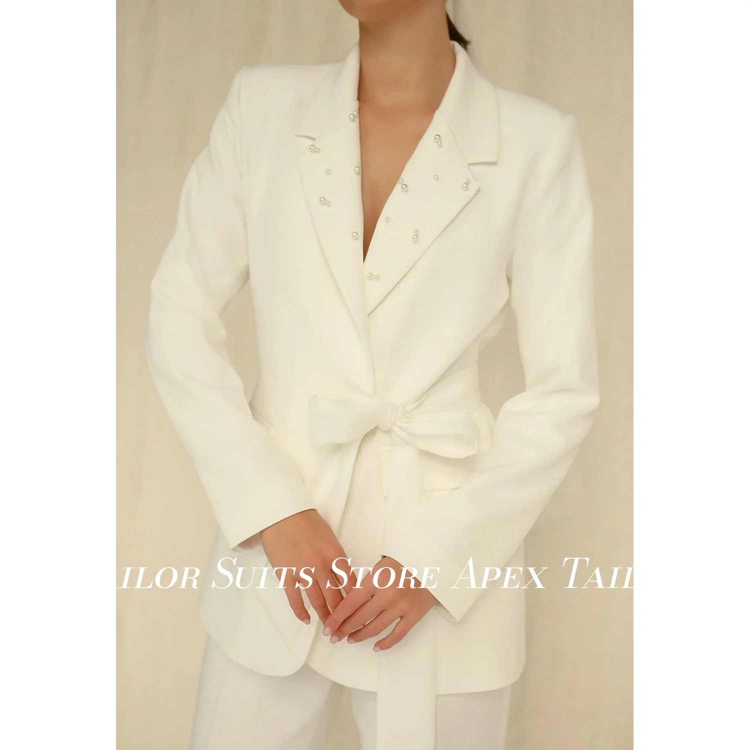 Ivory Women Belted Blazer Notched Lapel Pearl Decor Wrap Suit Jacket Long Sleeve Office Wedding Formal Outerwear Customized