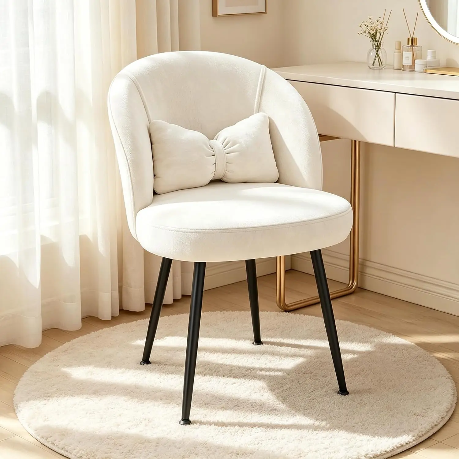 Velvet Vanity Chair with Bow Pillow, No Wheels, White