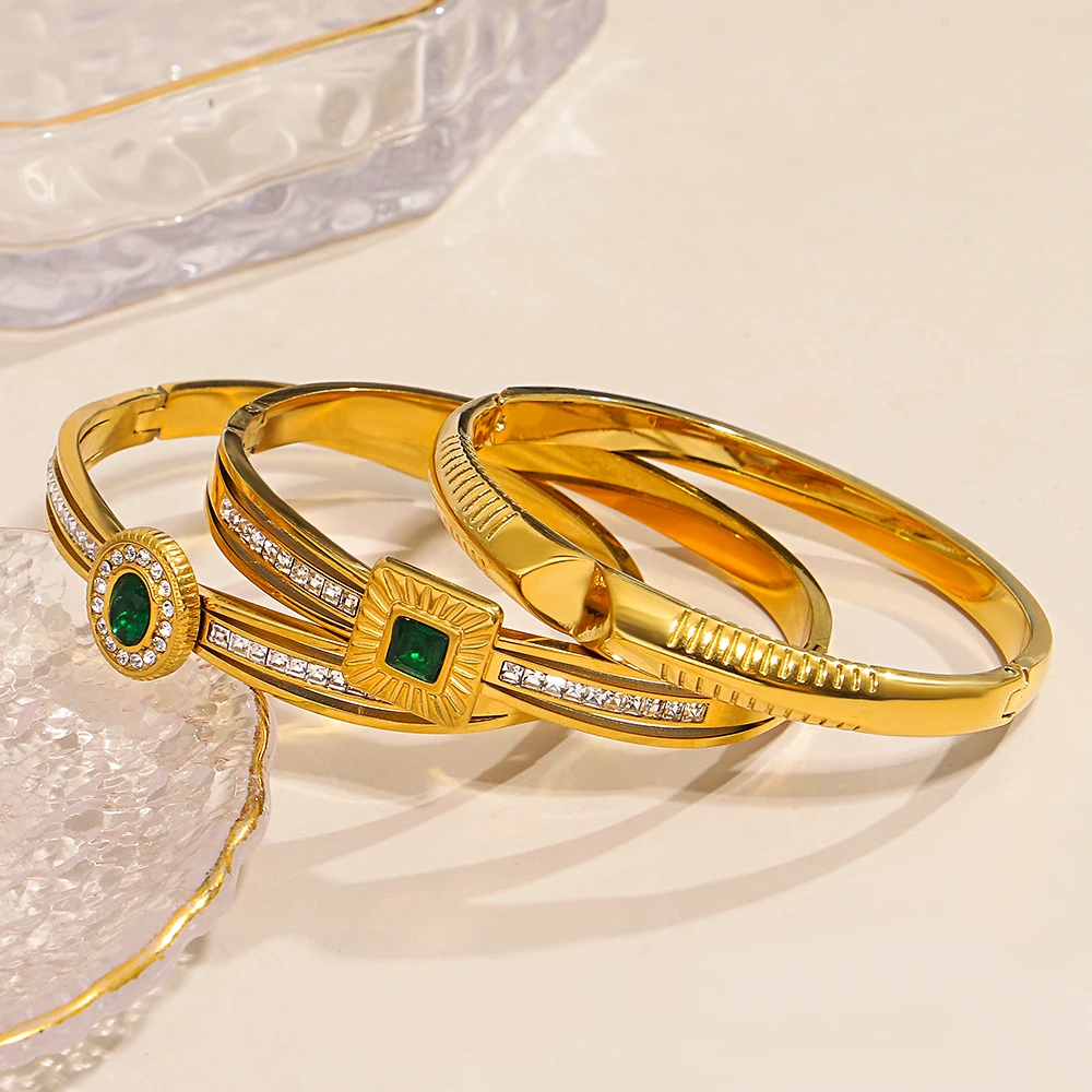 

Delicate 6 Styles Inlaid Zircon Stainless Steel Bracelet Bangle for Women Waterproof Gold Color Round Open Bangles Jewelry Gift