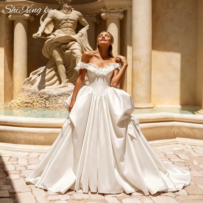 2026 Princess A‑Line Wedding Dress Lace Off‑Shoulder Bow Detail Court Train Vestidos de Novia Customized