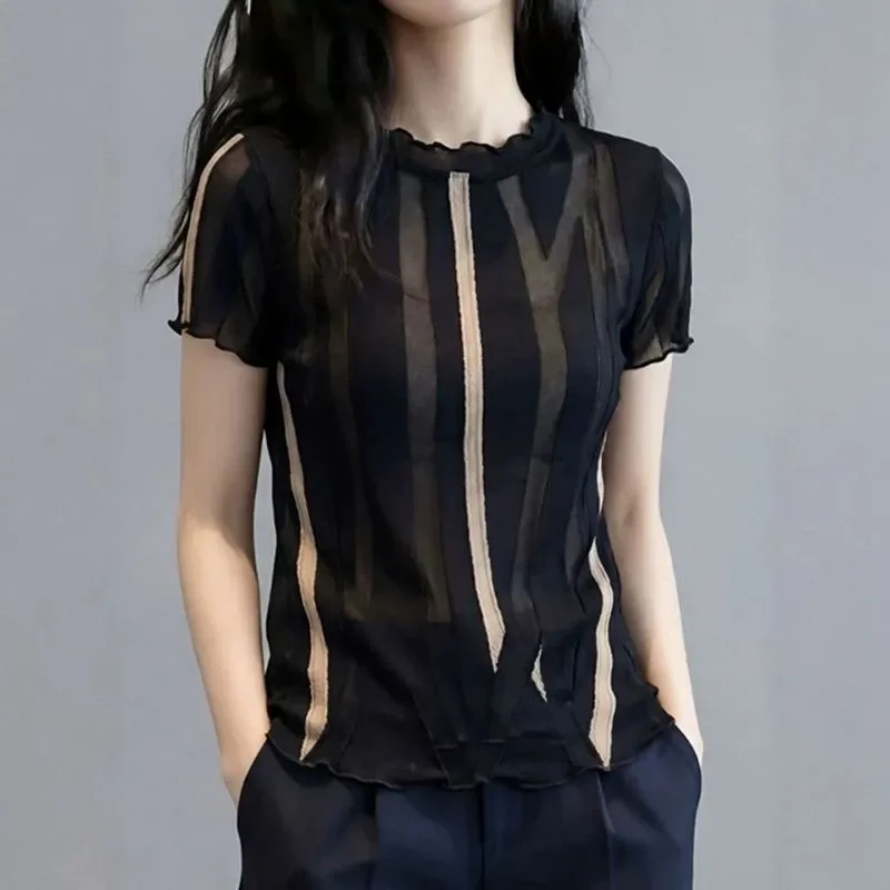 European Style Contrast Striped Short Sleeve Top Women Ruffle Neck Slim Fashion Summer Plus Size T Shirt