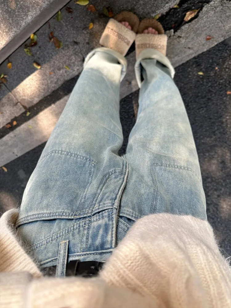 

Джинсы с высокой талией Fce Lined Thi Straight Leg Jeans Женские зимние длинные брюки больших размеров с широкими штанинами Casual Sle Vintage Wa Cotton ...