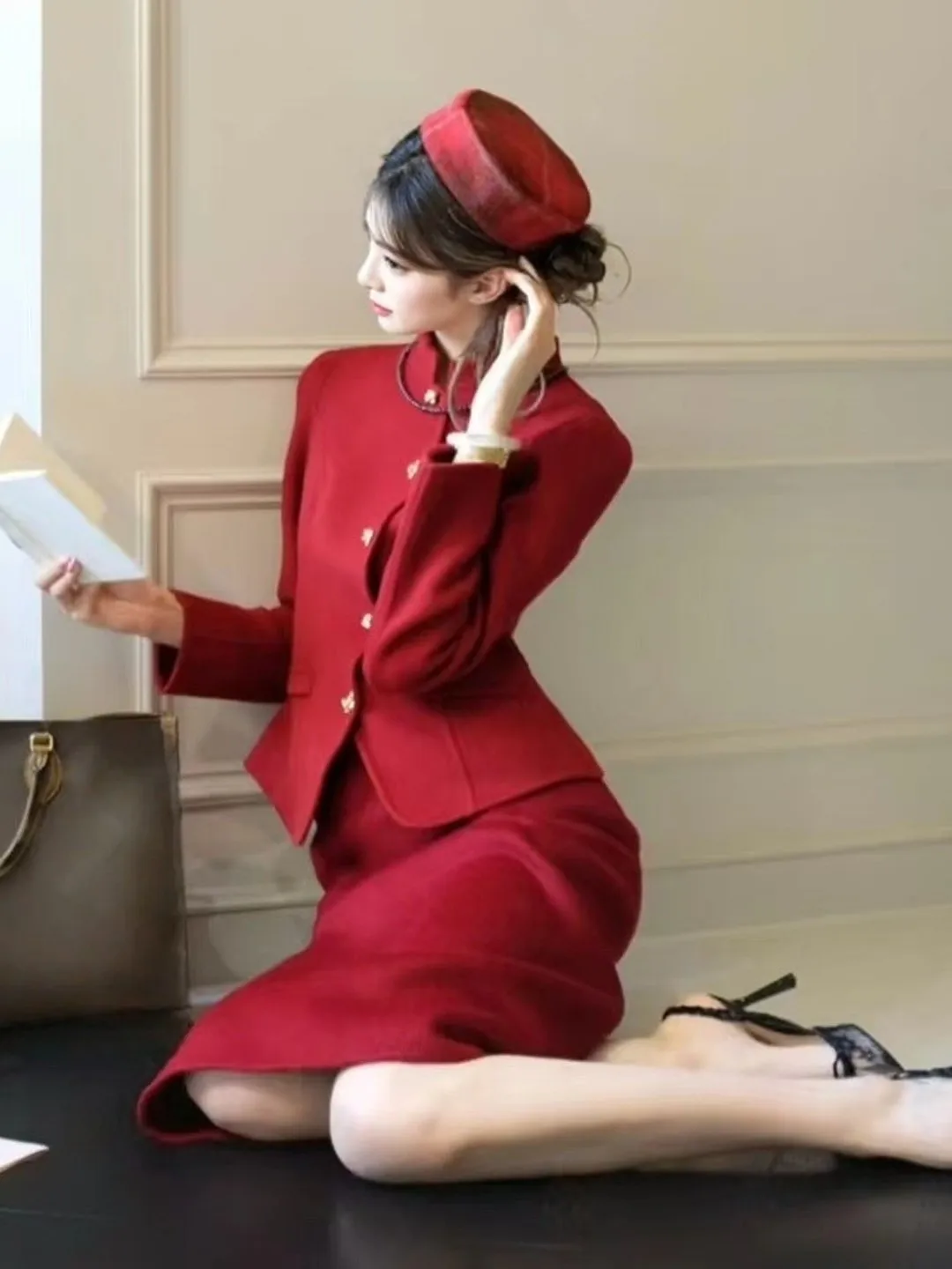 

Retro Unique Red Outerwear And Skirt Two-Piece Set Ele Spring Faion for Women Comfortable Cotton Blend Long Sve