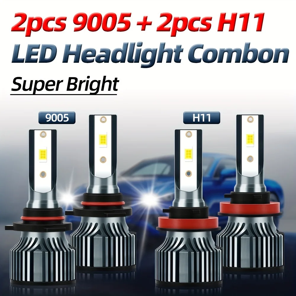 

4pcs 9005 H11 Car LED Headlights High Low Beam, Plug-N-Play Ultra-white 6500K 600% High Brightness 300M Exposure Distance