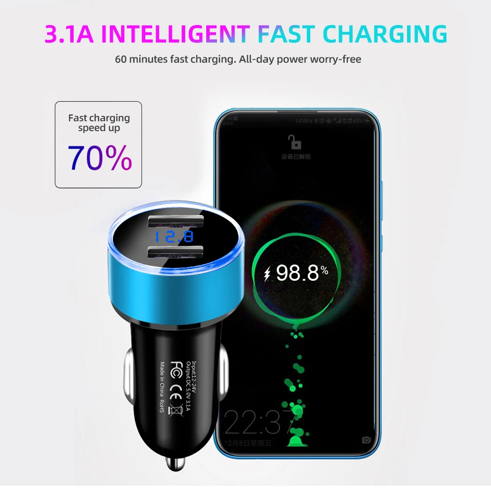 Universal 12V-24V Fast Dual USB Car Charger Adapter LED Display Cigarette Socket Lighter ABS Car Phone Charger