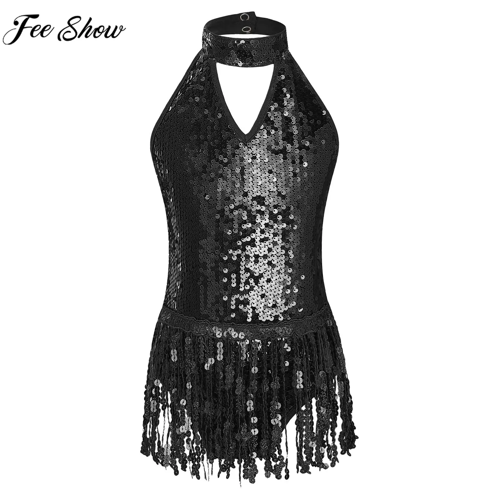 

Kids Girls Latin Dance Dress Gymnastics Leotard Sleeveless Backless Shiny Sequins Tassel Tutu Samba Chacha Performance Dancewear