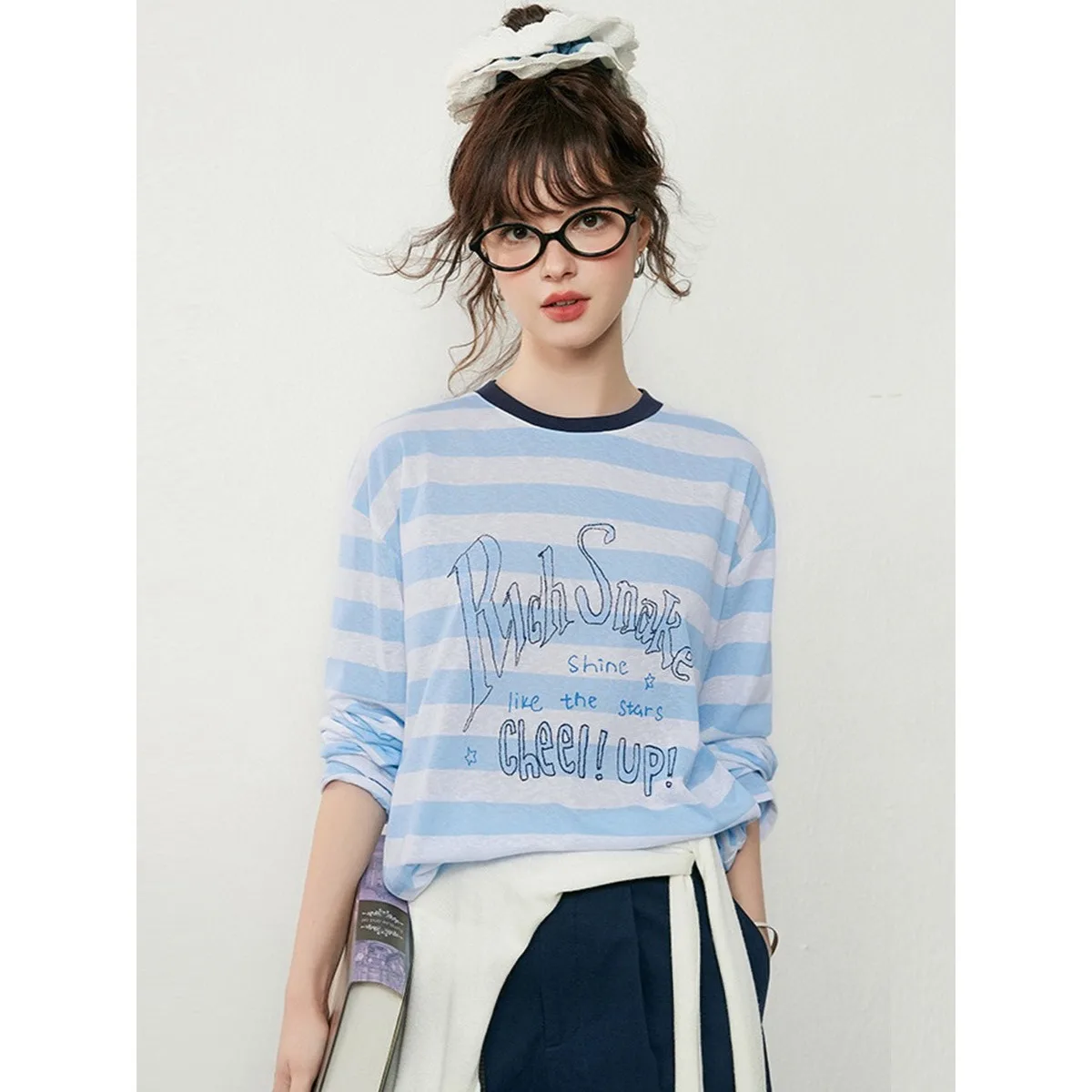 LOUISYAO Striped Lyocell T-Shirt Women 2025 Autumn Round Neck Micro Elastic Long Sleeve Casual Streetwear Tops 