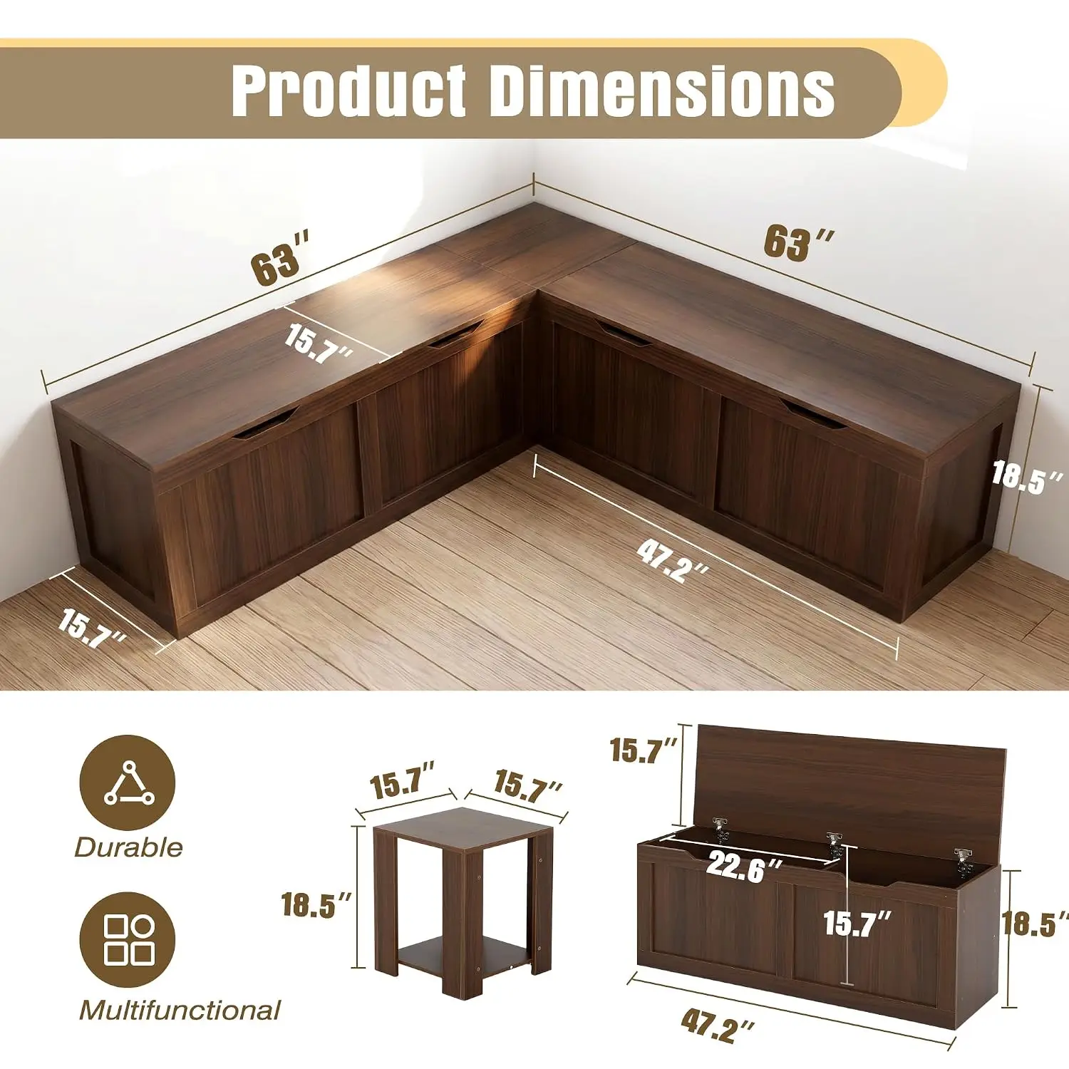 L Shaped Storage Bench with Hidden Compartment, Wooden Corner Dining Seating for Entryway & Kitchen, 63