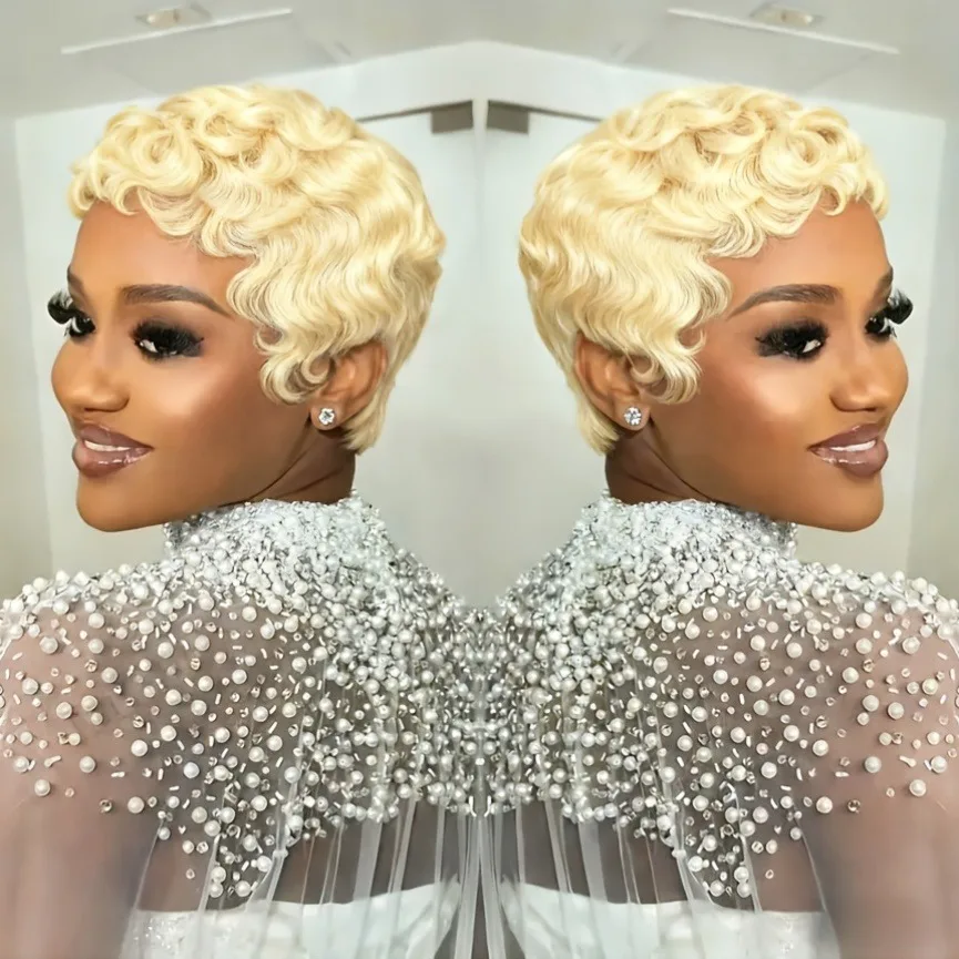 

Парик из человеческих волос Remy — натуральная блондинка вьющаяся стрижка пикси с волнистой текстурой, парик машинного производства для женщин, идеально подходит для повседневного ношения,