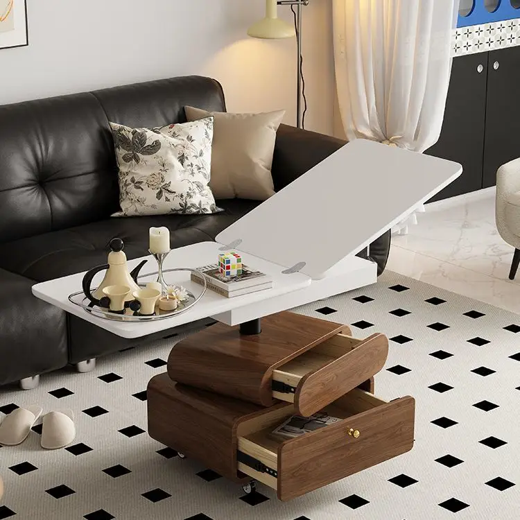 French-Style Solid Wood Coffee Dining Table Lightweight Luxury Adjustable Height Multi-Functional for Small Spaces Use