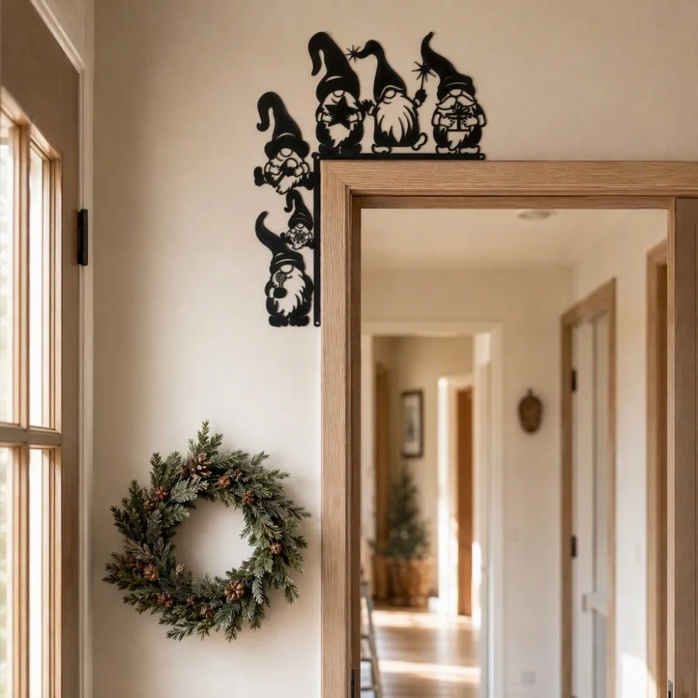 Hanging Decoration Metal Gnome Door Hanging Heavy-duty Iron Structure Featuring X-mas Wall Art Sign Cheerful Gnomes