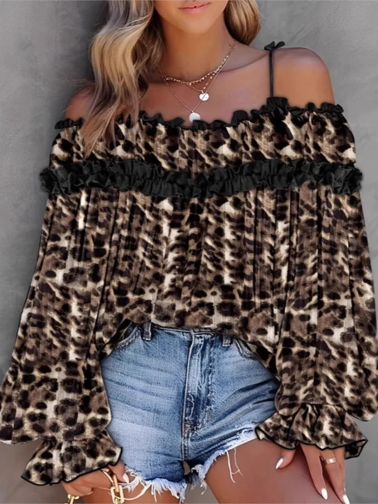 

Модная женская рубашка с леопардовым принтом, повседневная, с рюшами, длинными рукавами и открытыми плечами, топы для женщин, одежда в стиле бохо, праздничная уличная одежда, женская одежда