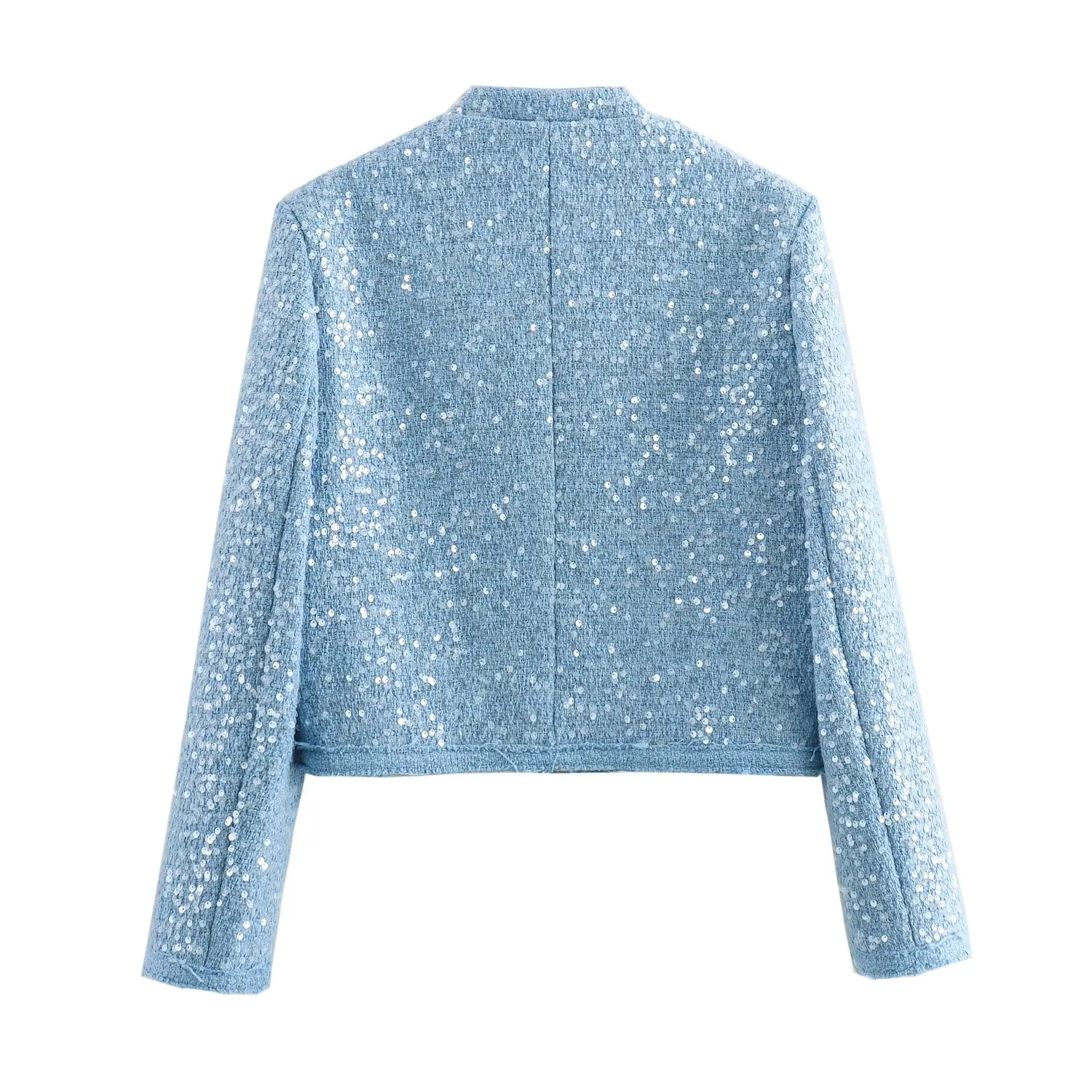 Tangada 2024 Women Blue Beading Crop Suit Coat Long Sleeve Pockets Office Lady Blazer QD048