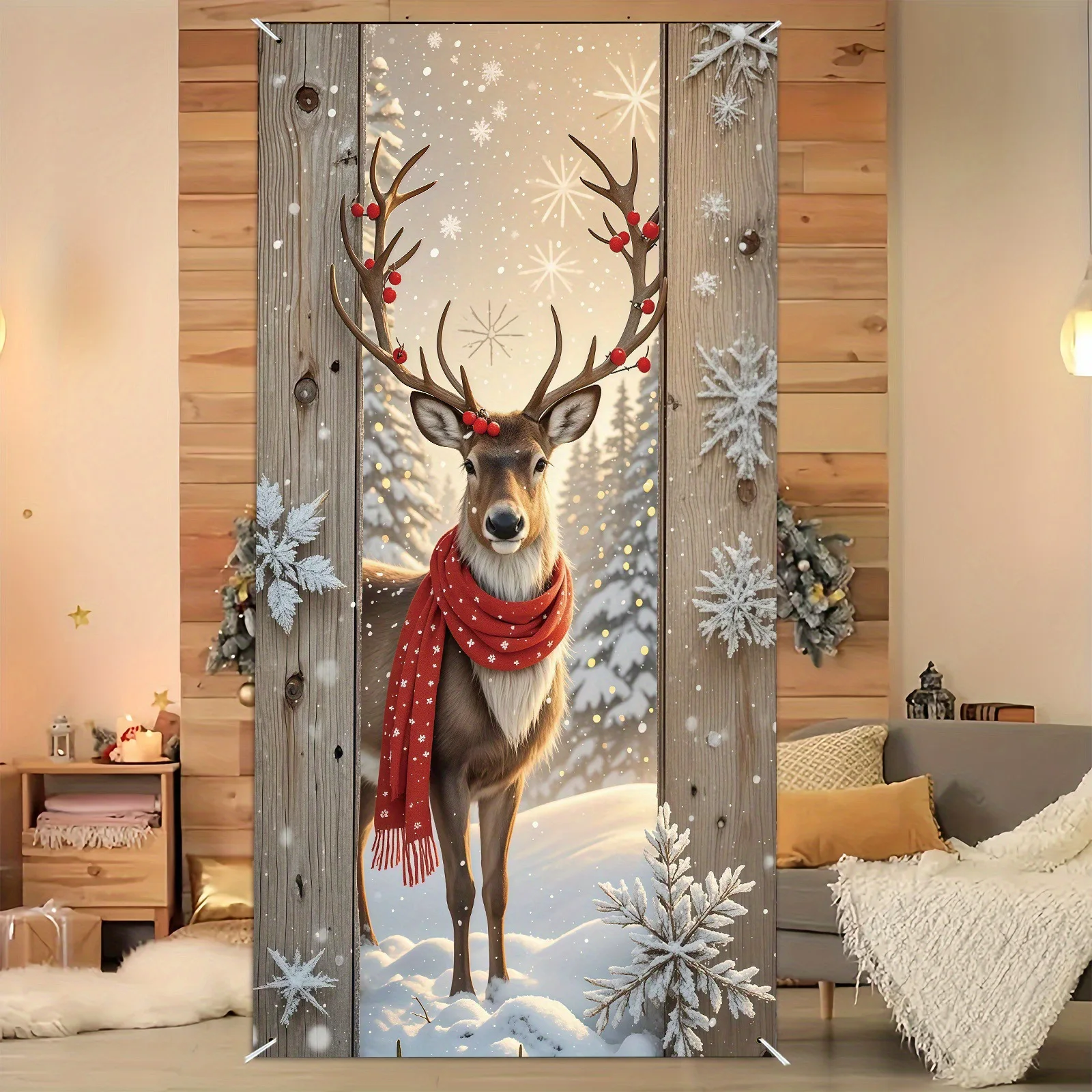 1 Piece Christmas Winter Themed Door Banner, Winter Reindeer and Cranberry Design Door Banner, Holiday Home Decor