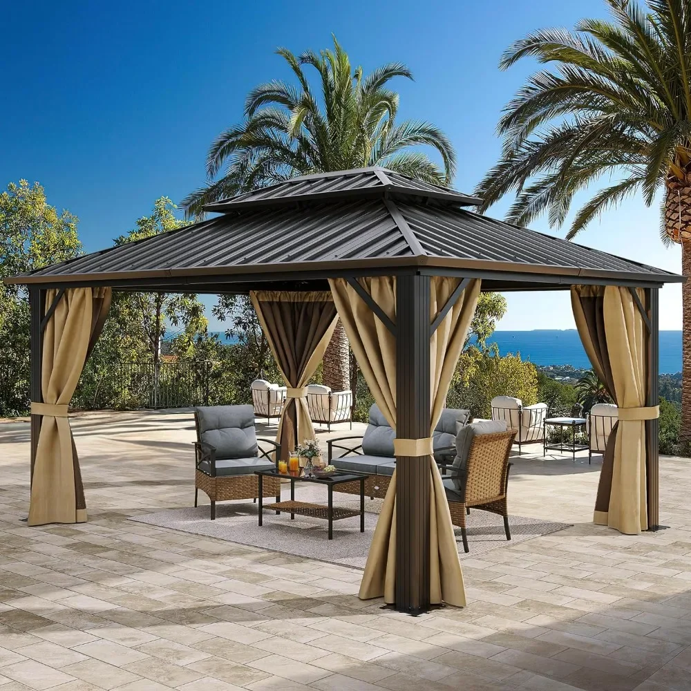 

10x12ftGazeboDouble Roof Canopy with Netting and Curtains,Outdoor Gazebo 2-Tier Hardto Galvanized Iron AluminumFrameGardenTent