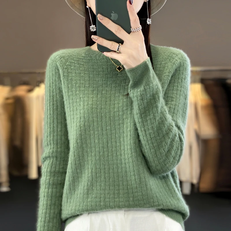 100% Merino Wool Sweater Women\'s O-neck Pullover Loose Knit Underlay Fashion Long Sleeve Cashmere Top in Autumn and Winter