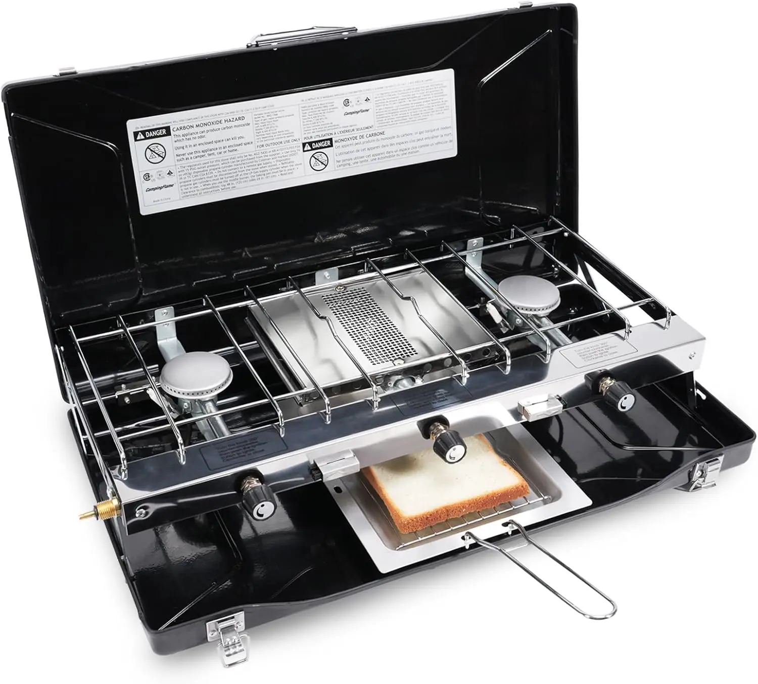 

3-Burner Propane Camping Stove - Portable Stove with Adjustable Burners, Wind Guards, Toast Tray, 20,400 BTUs for Camping, Tailg