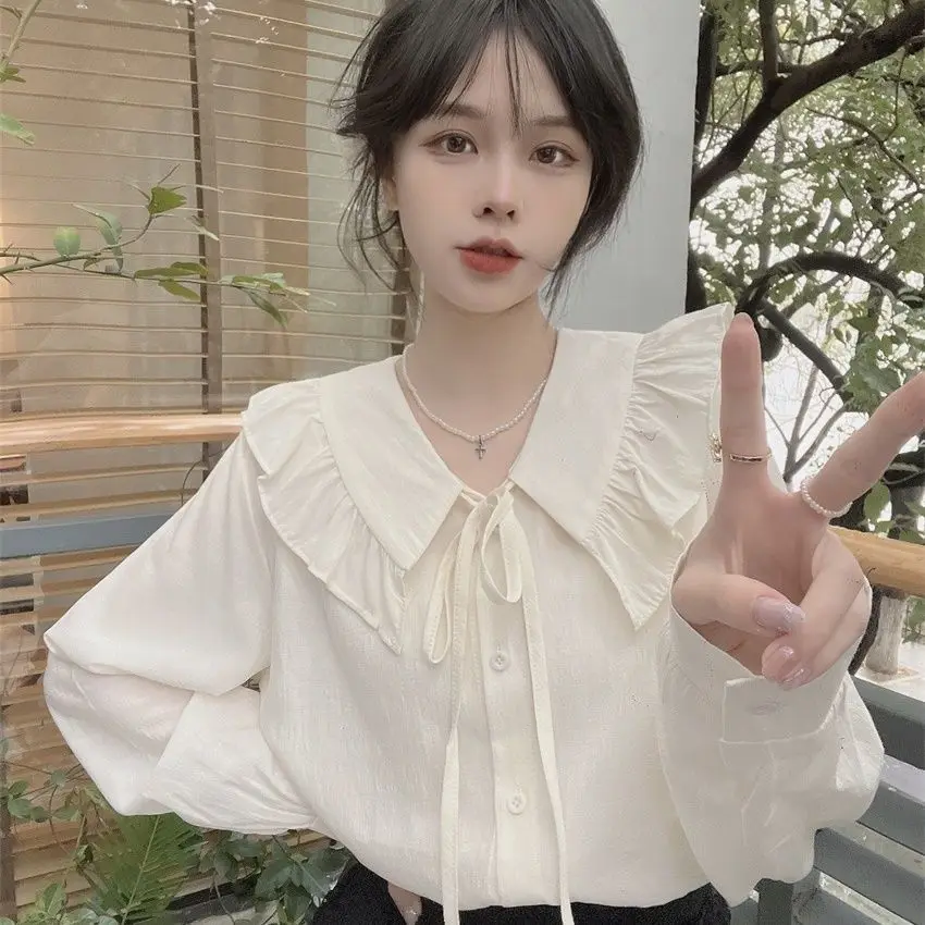 Spring Autumn Ruffle Edge Shirt with White Design Korean Style Niche Ruffle Collar Tied Bow Top Doll Collar Shirt for Women