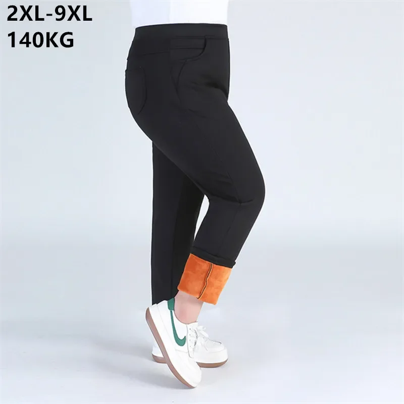 Winter Fleece Pants Female Thick Plus Size 140KG Women 9XL 8XL 7XL 6XL High Waisted Stretched Warm Oversized Slim Fit Trousers