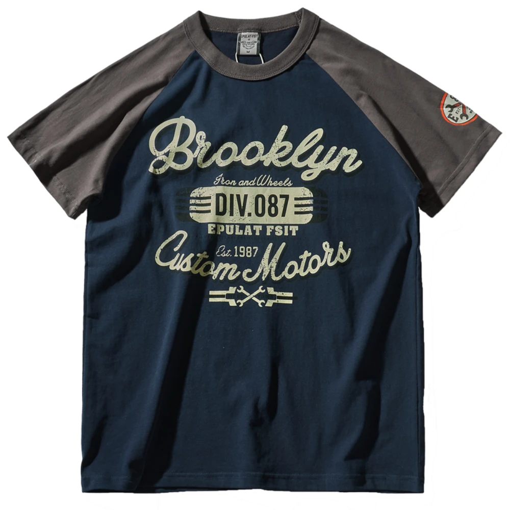 Lekki, wilgotny, oddychający, odporny na zdejmowanie, bawełniany T-shirt z krótkim rękawem i nadrukiem na ramionach, męski, luźny podkoszulek w stylu retro