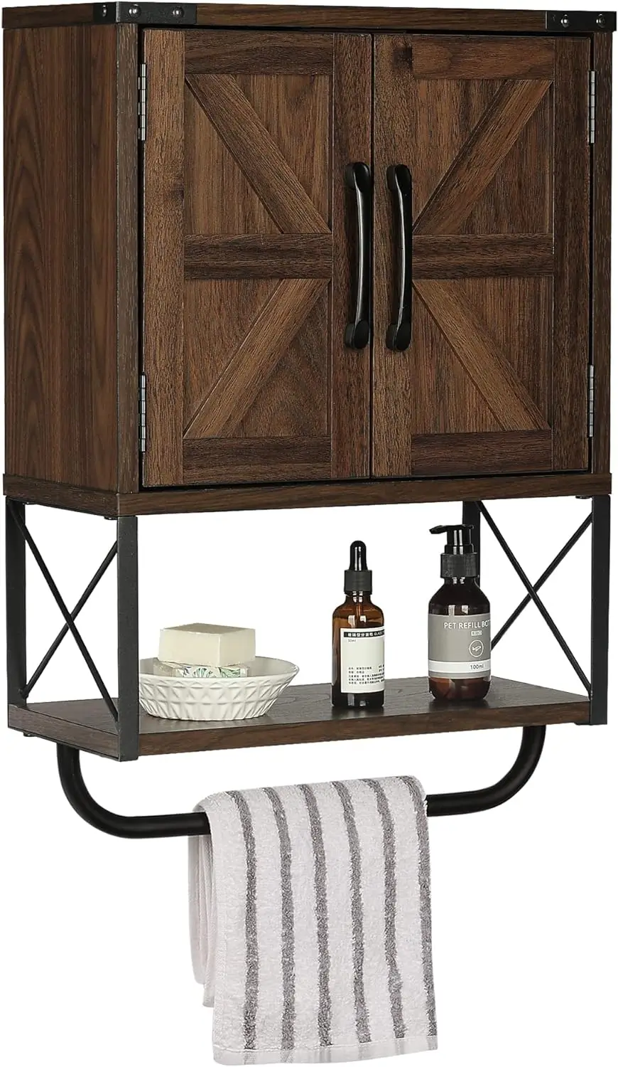 

NEW Farmhouse Rustic Medicine Cabinet with Two Barn Door,Wood Wall Mounted Storage Cabinet with Adjustable Shelf and Towel Bar