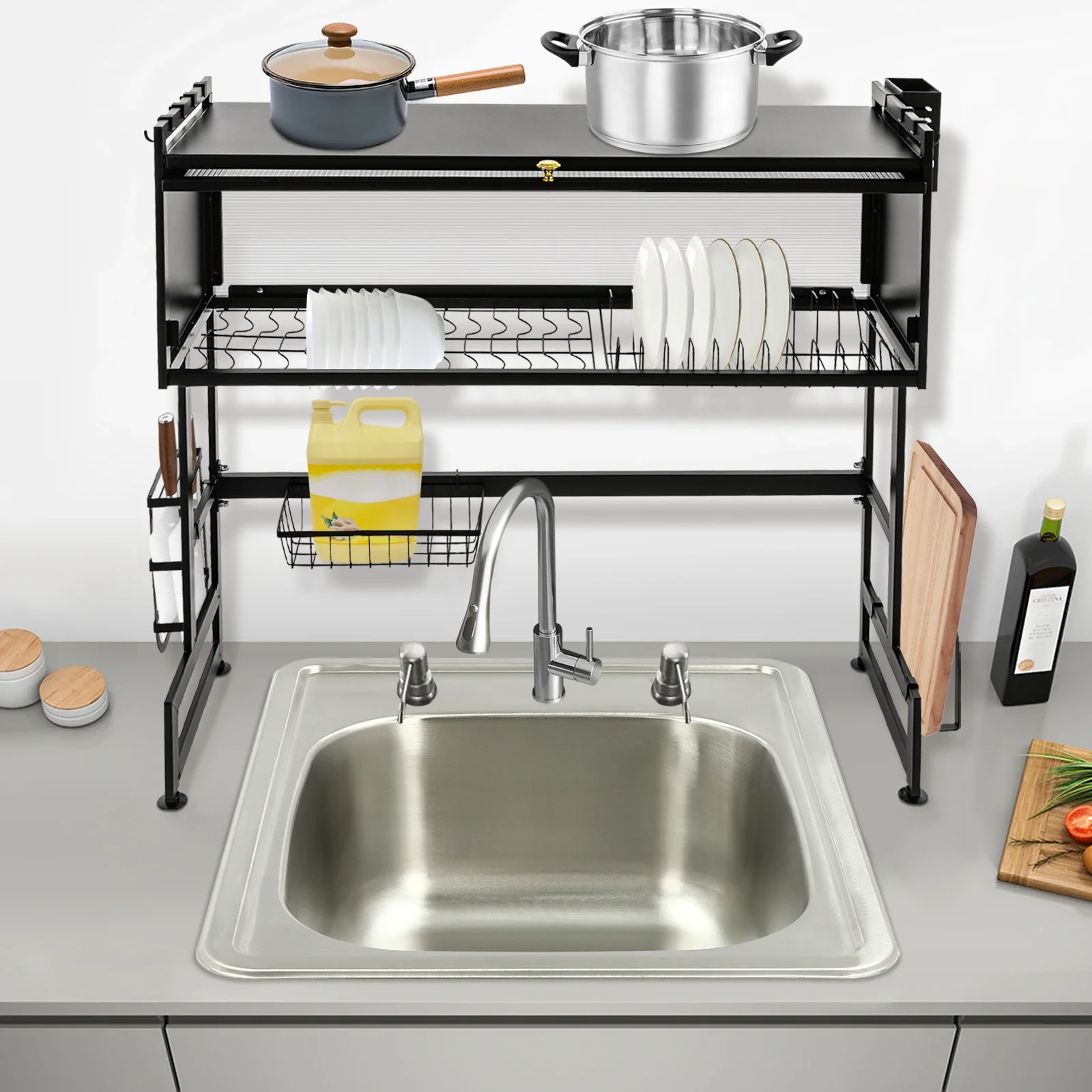 

2-Tier Carbon Steel Cutlery Drainer & Dish Drying Rack | 20kg Load-Bearing, Over-Sink Mount (Black, 13.9lbs Lightweight)​