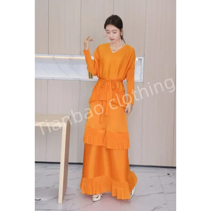 Miyake Pleated Dress for Women 2025 New Solid Color Bat Sleeve Fake Two-piece Splicing Style Loose Large Size Pleated Skirt