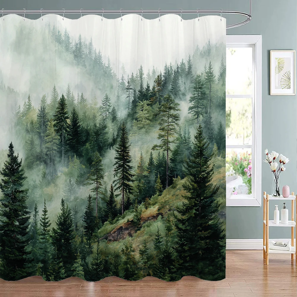 

Misty Forest Scenery Shower Curtain, Bathtub Bathroom Decorative Shower Curtain, Waterproof Shower Curtain with Hooks