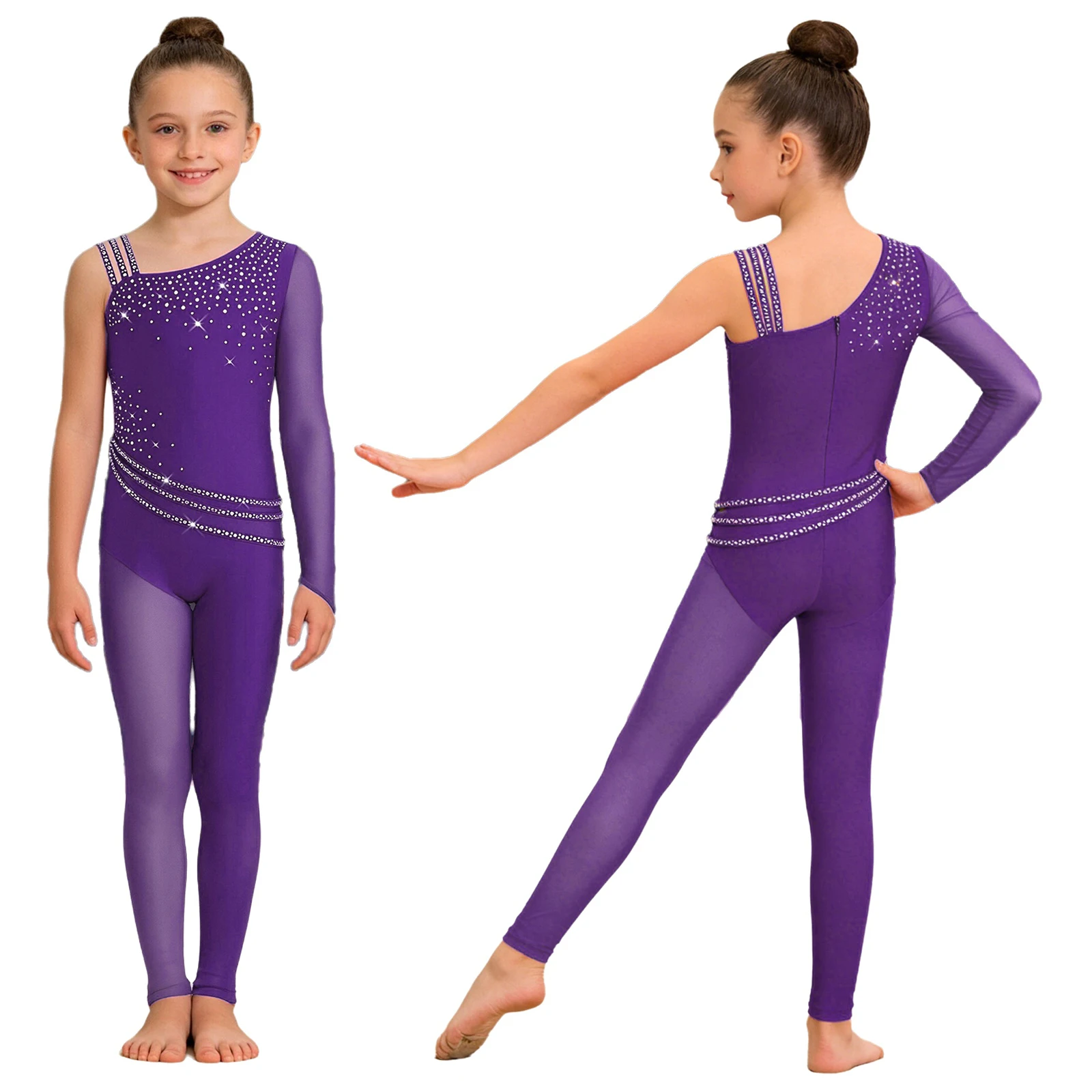 Kinder Mädchen Glänzende Strasssteine Gymnastik Overall Langarm Ballett Tanz Trikot für Eiskunstlauf Akrobatik Yoga Leistung – Detail 14