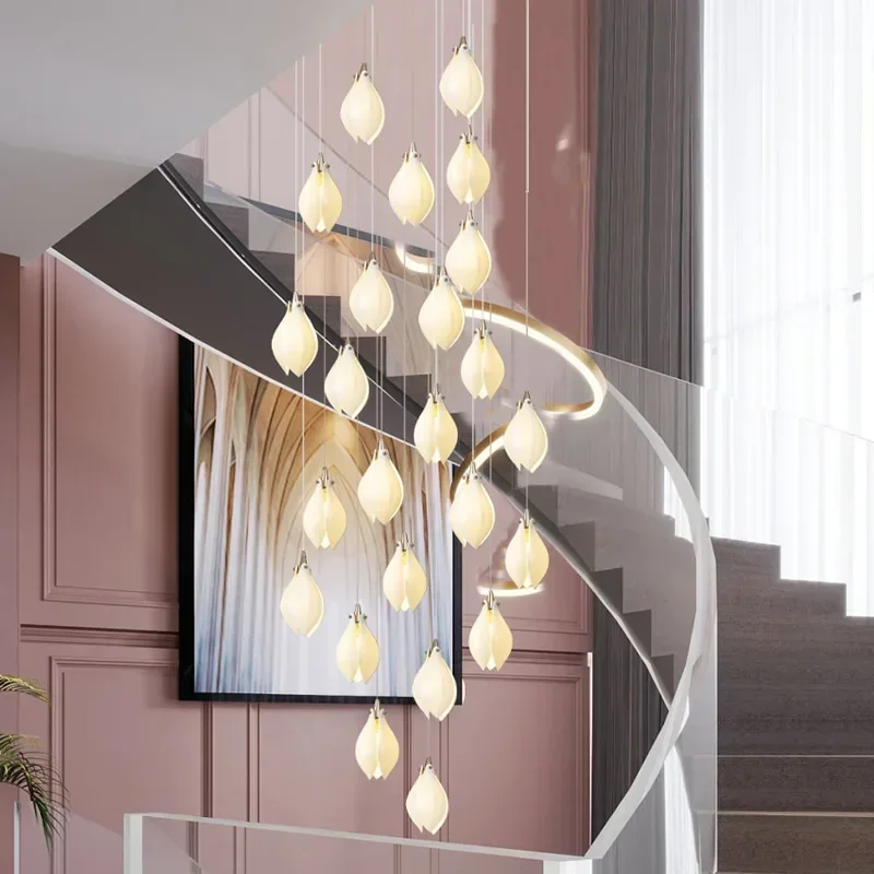Modern LED Ceramic Magnolia Ceiling Chandeliers Stairs Villa Atmosphere Hanging Lamp High-end Living Dining Room Pendant Light